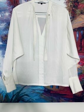 Maje White Tie-Neck Long Sleeve Blouse